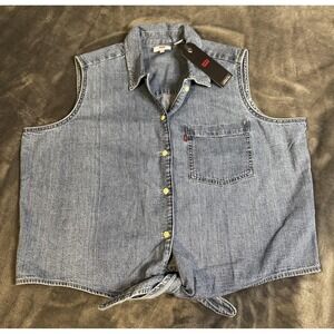 Levis Denim Shirt Womens XL Blue Sleeveless Button Down Tie Front Pocket Western